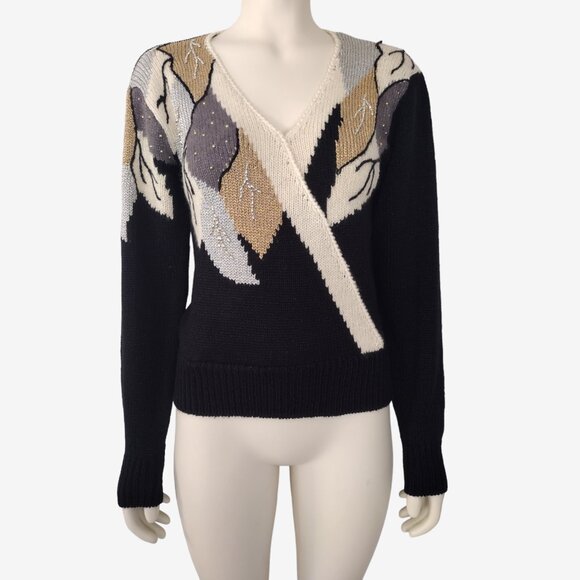 Vintage 90s Gold Silver Metallic Leaf Pattern Acrylic Knit Beaded Sweater - Picture 1 of 10